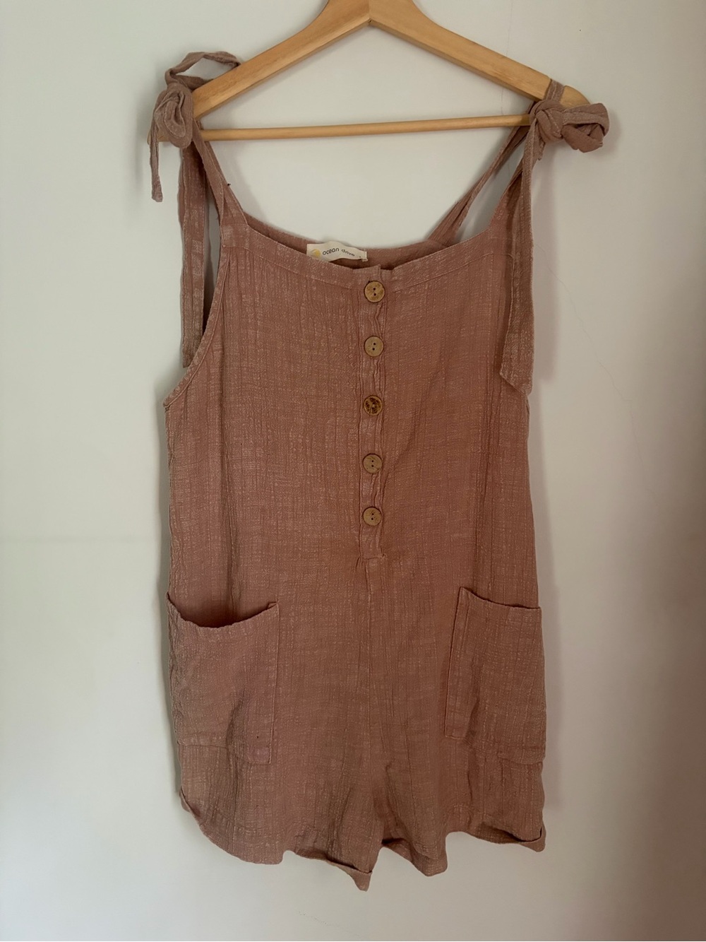 Ocean Drive Mauve Tie-Shoulder Romper with Buttons and pockets